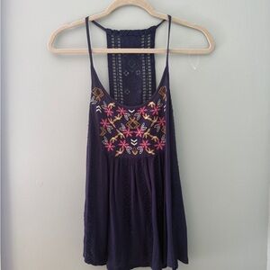 Navy Embroidered Floral Sleeveless Top